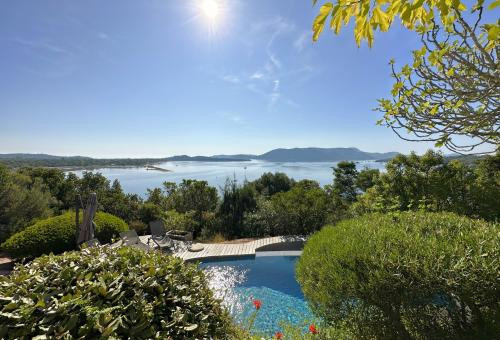 Bird&#39;s-eye view of the sea, private pontoon, infinity pool and...